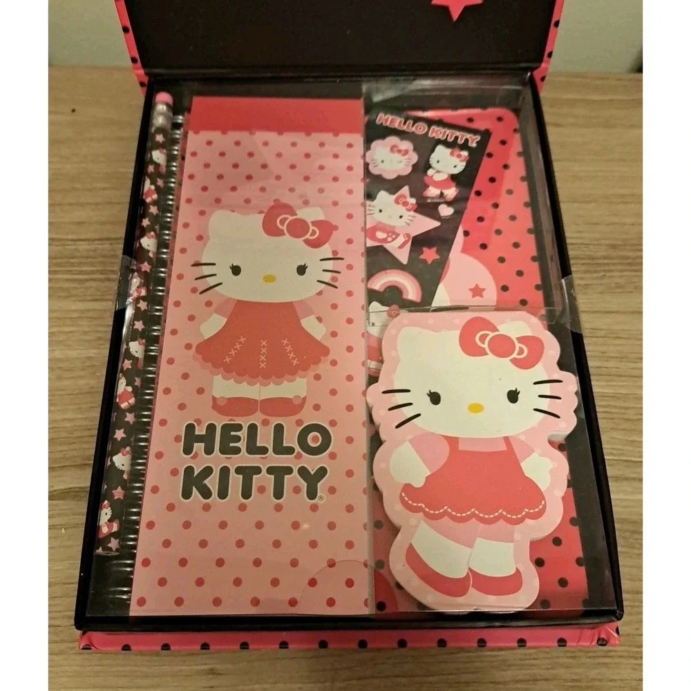 hello kitty bundle- 5 pieces- Backpack, Fannypack, Sticker book, Desk Set, Bath